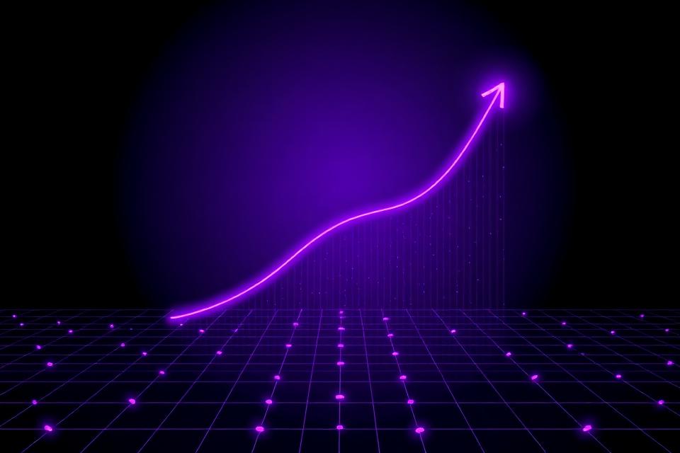 Neon upward growth curve over a grid